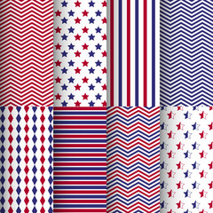 Set of American patriotic stars and stripes seamless patterns. July 4th Backgrounds. American flag style vector, red, blue and white repeating pattern.