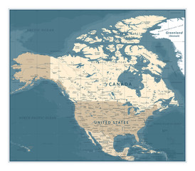 North America Map - Vintage Vector Illustration