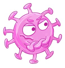 Hand drawn funny cartoon illustration of a molecule of coronavirus covid-19. Funny doodle image for kids. Isolated on a white background