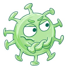 Hand drawn funny cartoon illustration of a molecule of coronavirus covid-19. Funny doodle image for kids. Isolated on a white background