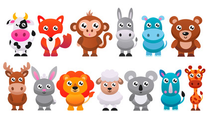 Collection of cute cartoon animals. Vector flat illustration.