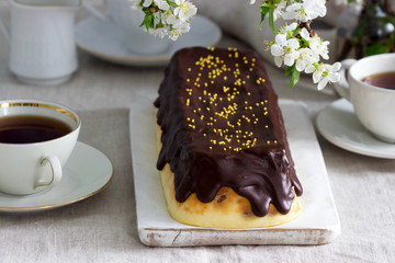 Lviv cheesecake, a traditional Ukrainian dessert with raisins, coated with chocolate icing.