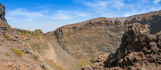 NAPLES, ITALY - AUGUST 2019: Panoramic view of the crater of Mount Vesuvius on the outskirts of Naples.