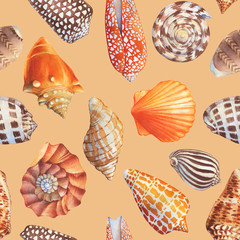 Seamless pattern with underwater life objects - orange and brown sea shells, marine starfish. Watercolor hand drawn painting illustration isolated on orange background.