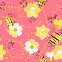 Fotobehang Seamless pattern with golden chains and abstract flowers. Modern texture with jewelry, dots, dashes. Pink background. Fabric design, print. Vector illustration. © Lyudmyla
