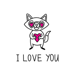 Lovely cute fox with a heart and glasses, lettering "I love you." Happy Valentine's day postcard. Doodle vector illustration