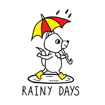 A funny fox in rubber boots under an umbrella walks through puddles. Cute character and lettering "rainy days". Doodle illustration for cards