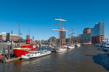 Hamburg, Germany. The harbor with ships and the river Elbe.