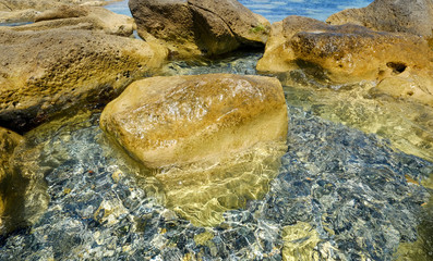 glare on seawater and a transparent bottom
