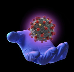 Floating coronavirus molecule structure floating  on surgery doctor glove hand. Biotechnology...