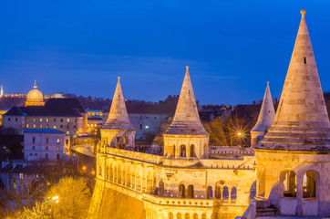 Fishermans Bastion in Budapest, Hungary at night.