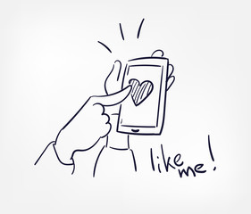 like me heart mobile application hands concept doodle hand drawn vector line illustration