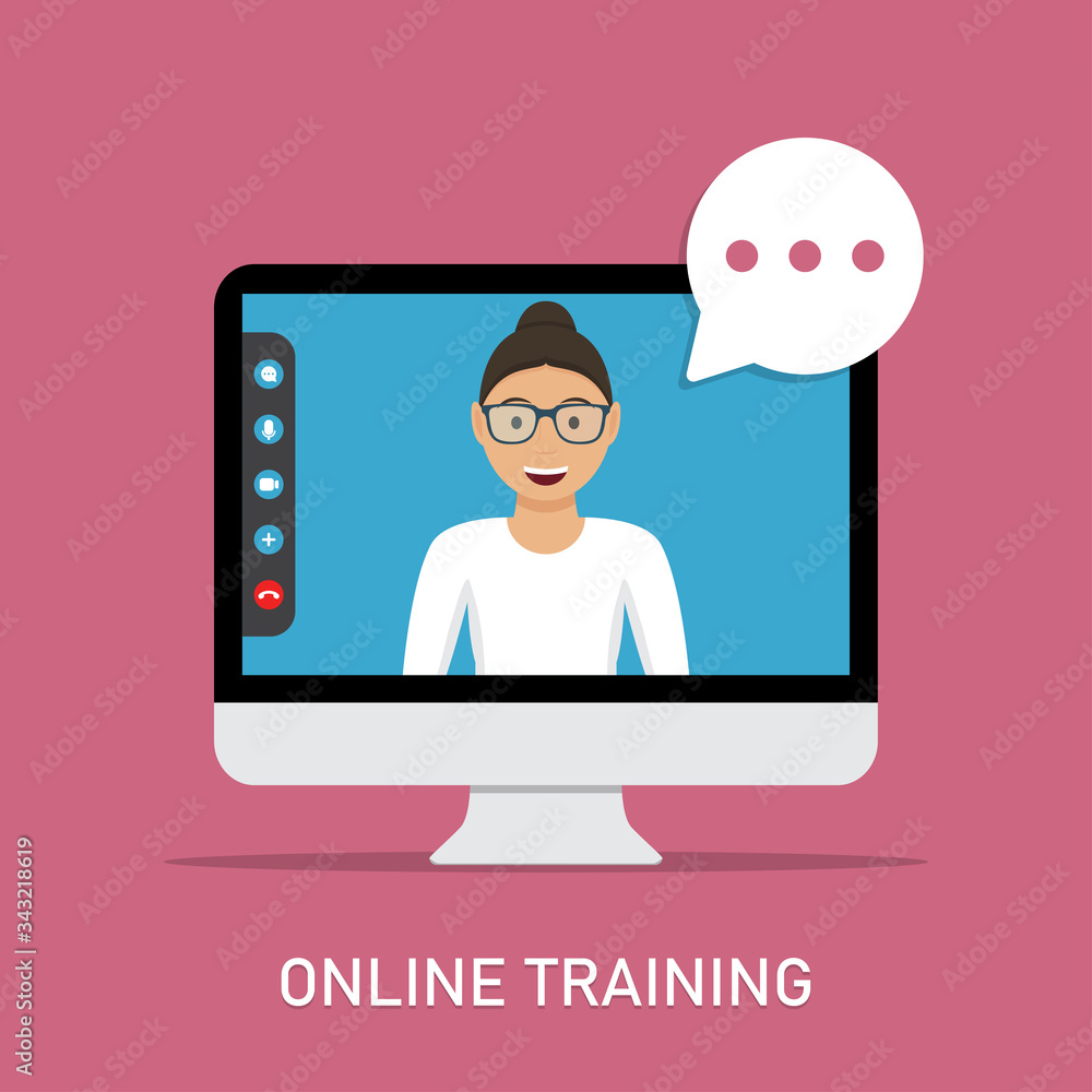 Aufkleber online training with video teacher in computer monitor in a flat design