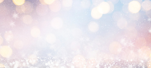 Blurred background with bokeh. Christmas and Happy New Year greeting card.