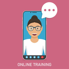 Online training with video teacher in smartphone in a flat design