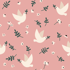 Vector seamless pattern with doves, flowers and leaves