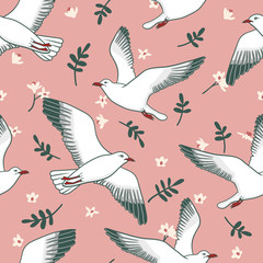Vector seamless pattern with seagulls, flowers and leaves