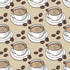 Vector seamless pattern with coffee cups and coffee beans