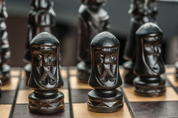 The chess pieces on the board.Chessmaster concept