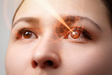 Laser vision correction. Woman's eye. Human eye. Woman eye with laser correction. - obrazy, fototapety, plakaty