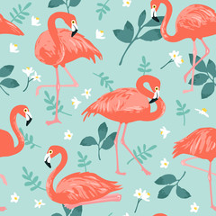 Vector seamless pattern with pink flamingos, tropical palm leaves and flowers. Hand Drawn illustration.