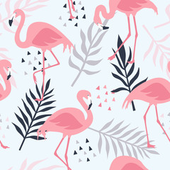 Vector seamless pattern with pink flamingos, tropical palm leaves and flowers. Hand Drawn illustration.