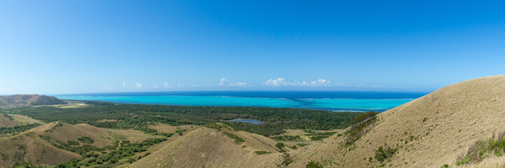 panoramic view of Gouaro Deva, Bourail, New Caledonia - shark  rift in the turquoise foreground