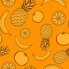 Seamless pattern with hand drawn fruits elements. Vegetarian wallpaper. For design packaging, textile, background, design postcards and posters.