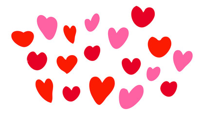 Set of hearts of different shapes and colours. Red and pink hearts isolate on white background. Illustration. 