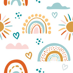 Seamless vector pattern with hand drawn rainbows and sun. Trendy baby texture - 343222653