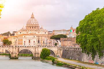 St Peters Basilica in Vatican and Ponte Sant'Angelo Bridge over Tiber Rive, Rome, Italy