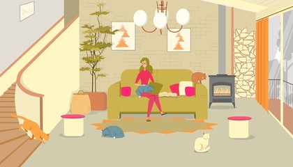 Woman in Home Interior on Couch with Cats Flat.