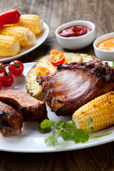 Plated Grilled Pork Ribs and Corn