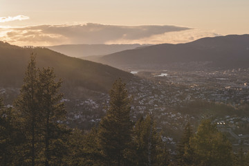 View of the evening city in the valley.