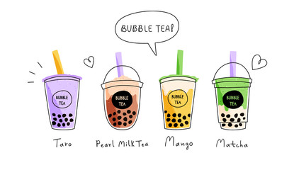 Set of four colorful bubble tea cups. Variety of flavours. Cute vector illustration of boba tea, sweet Asian drink, in cartoon style with speech bubble above. Flat design. 