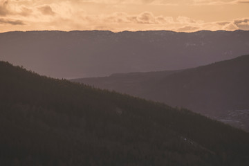 Sunset view over small mountains.