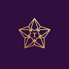 Linear geometric decorative flower logo with letter T. Decorative luxury monogram for cosmetics, jewelry, floral, organic brand. Classic logo with line ornament and initial inside.