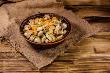 Canned mushrooms with carrot and onion in a ceramic bowl