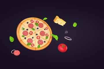 Graphic pizza circle in abstract background with tomato, salad, cheese, onion and salami products floating around. 3D rendering.