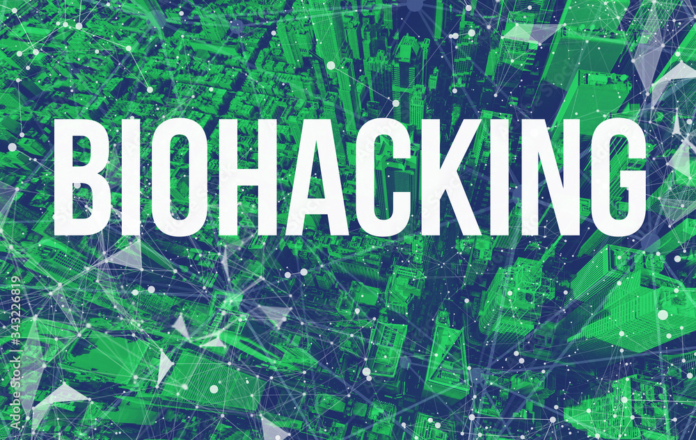 Aufkleber biohacking theme with abstract network patterns and manhattan ny skyscrapers