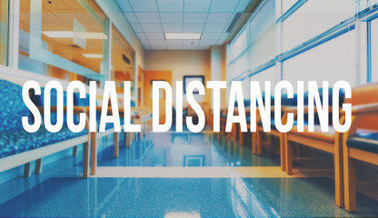 Social Distancing theme with a medical office reception waiting room background