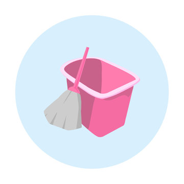 Vector cleaning icon. bucket and broom. Illustration of cleaning items in pink on a blue circle background
