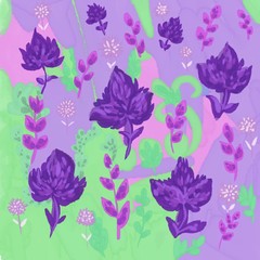 a soft floral background with purple flowers and pink leaves