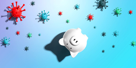 Upside down piggy bank with epidemic influenza and Coronavirus concept