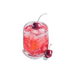 Watercolor illustration of the freshly prepared coctail with ice and cherry