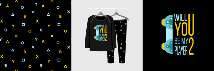 Seamless pattern and illustration for a kid with game quote Will you be my player 2 © stocklene