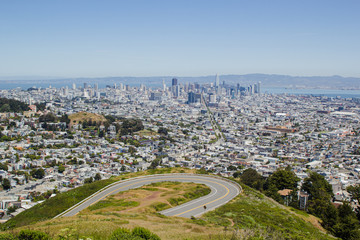 View on San Francisco city downtown and bay from famous touristic Twin Peaks hill. Beautiful scenery view on SF, California travel destination, Bay Area touristic spot, traveling in USA