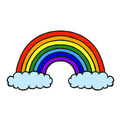 Beautiful cartoon rainbow with clouds. Front view. Hand drawn vector graphic illustration. Ink drawing. Isolated object on a white background. Isolate.