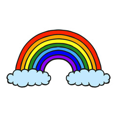 Beautiful cartoon rainbow with clouds. Front view. Hand drawn vector graphic illustration. Ink drawing. Isolated object on a white background. Isolate.
