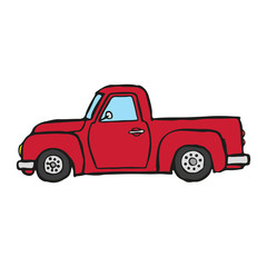 Fototapeta na wymiar Old red farm pickup icon. Side view. Hand drawn vector graphic illustration. Isolated object on a white background. Isolate.